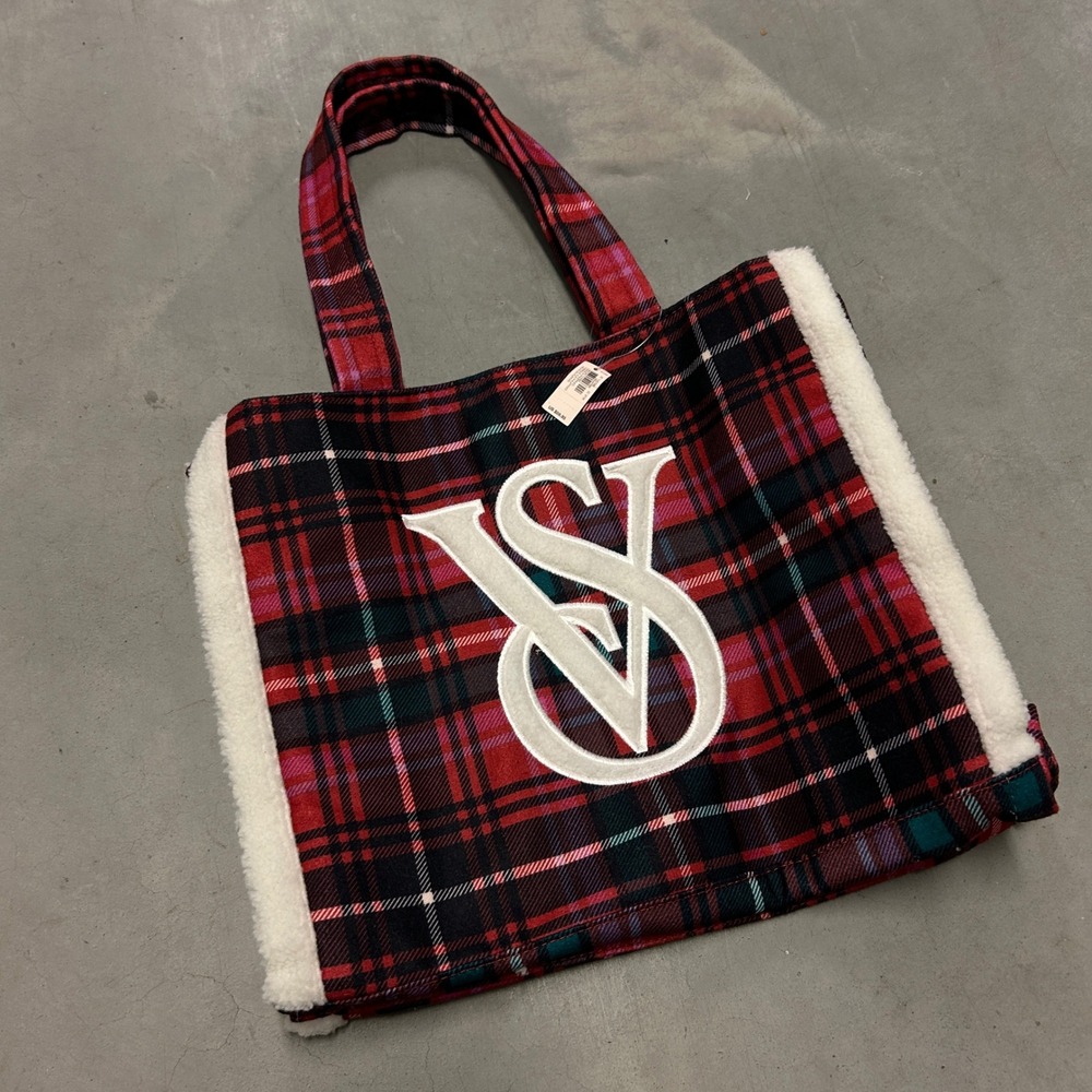 Victorias Secret Red Plaid Faux Shearling Trim Tote Bag Holiday VS Logo NEW